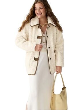 J.Crew - Teddy Sherpa Barn Coat Jacket Ivory Brown Trim Sz S